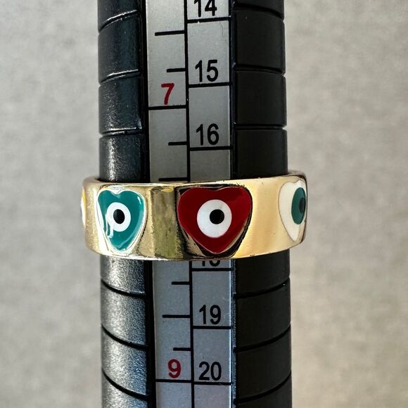 NIB Pretty Bird Colorful Heart Design Evil Eye Yellow Gold Plated Ring Size 8 - Picture 2 of 8